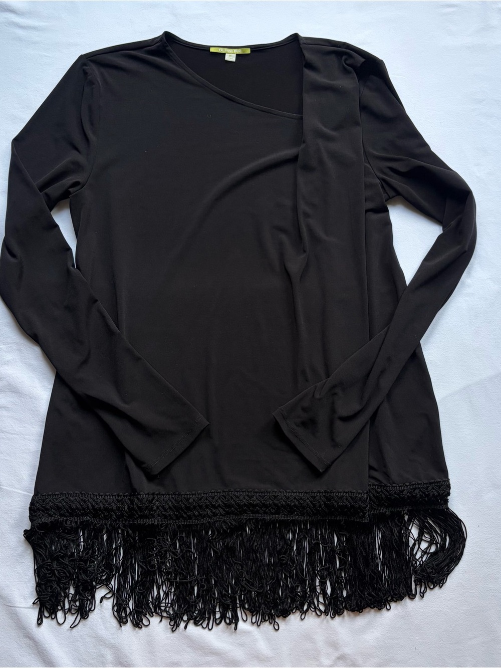 Black Long-Sleeve Fringe Hem Top